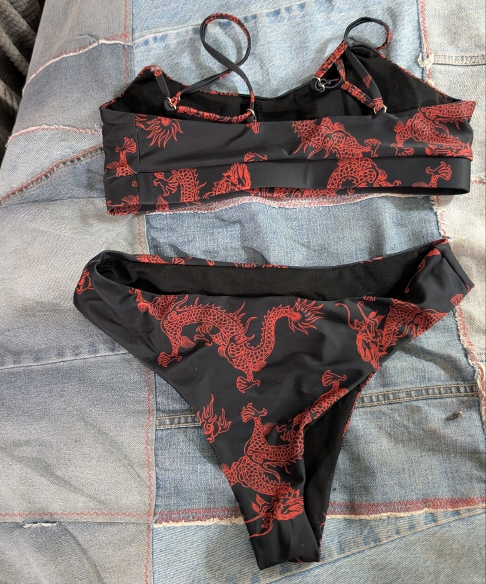 Black and Red Dragon Print Bikini Set